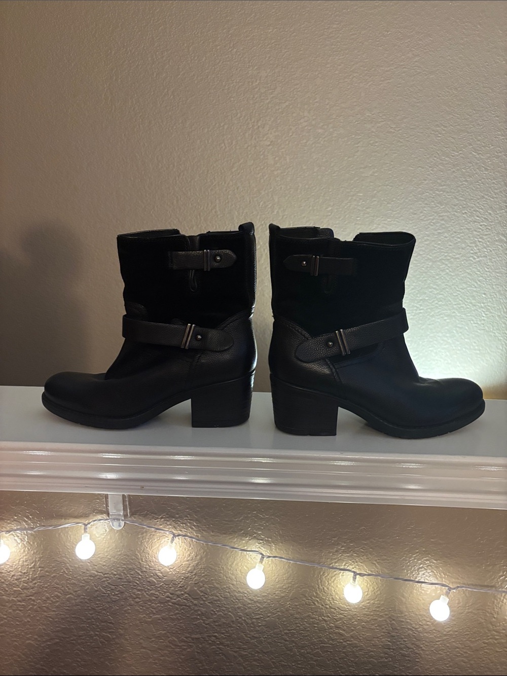 Clarks Black Mid-Calf Buckle Heel Boots